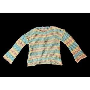 Coastal Beach Crochet Knit Sweater Pastel Bell Long Sleeve V Neck Women's